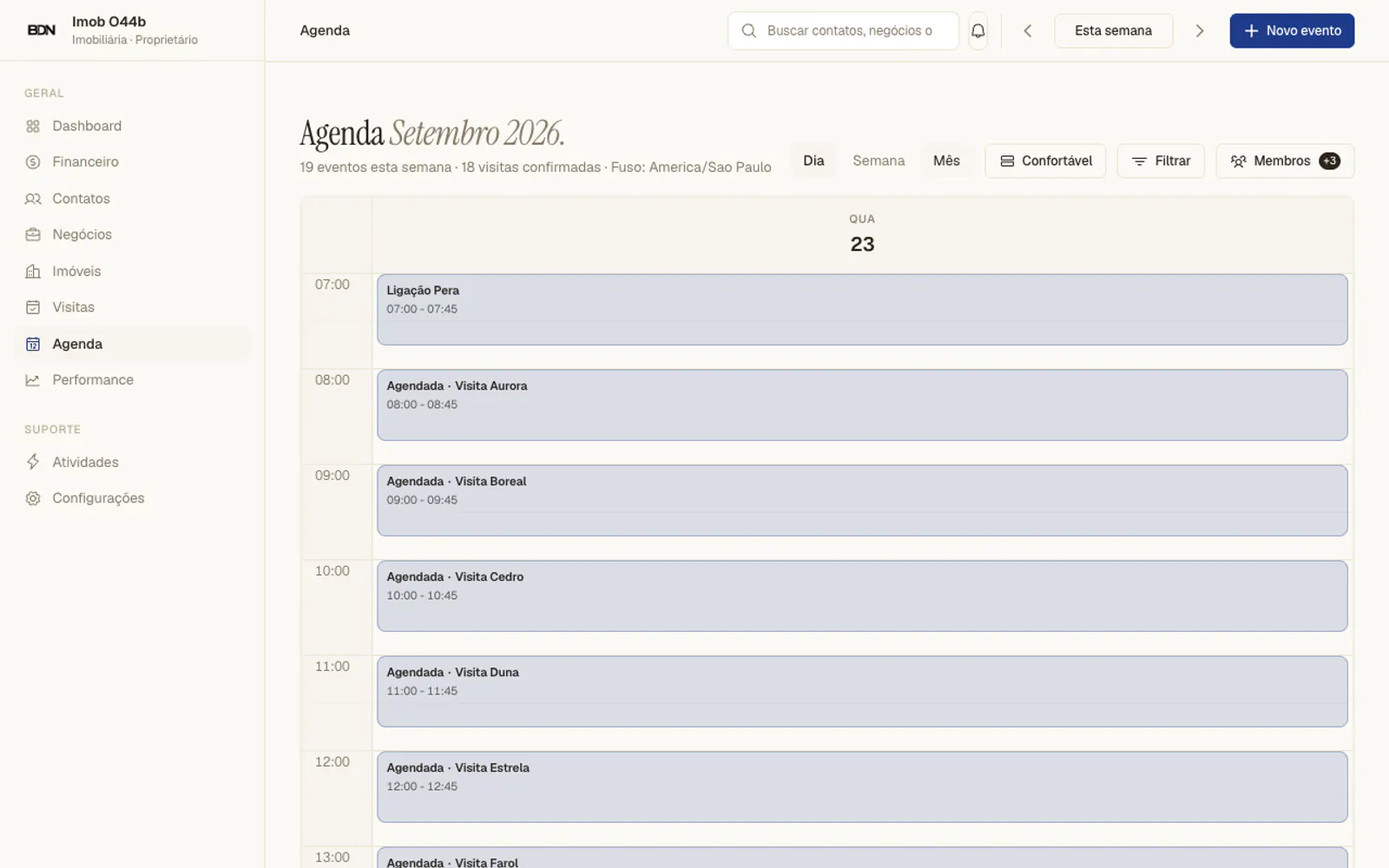Agenda do BDN CRM com navegação lateral e compromissos de demonstração