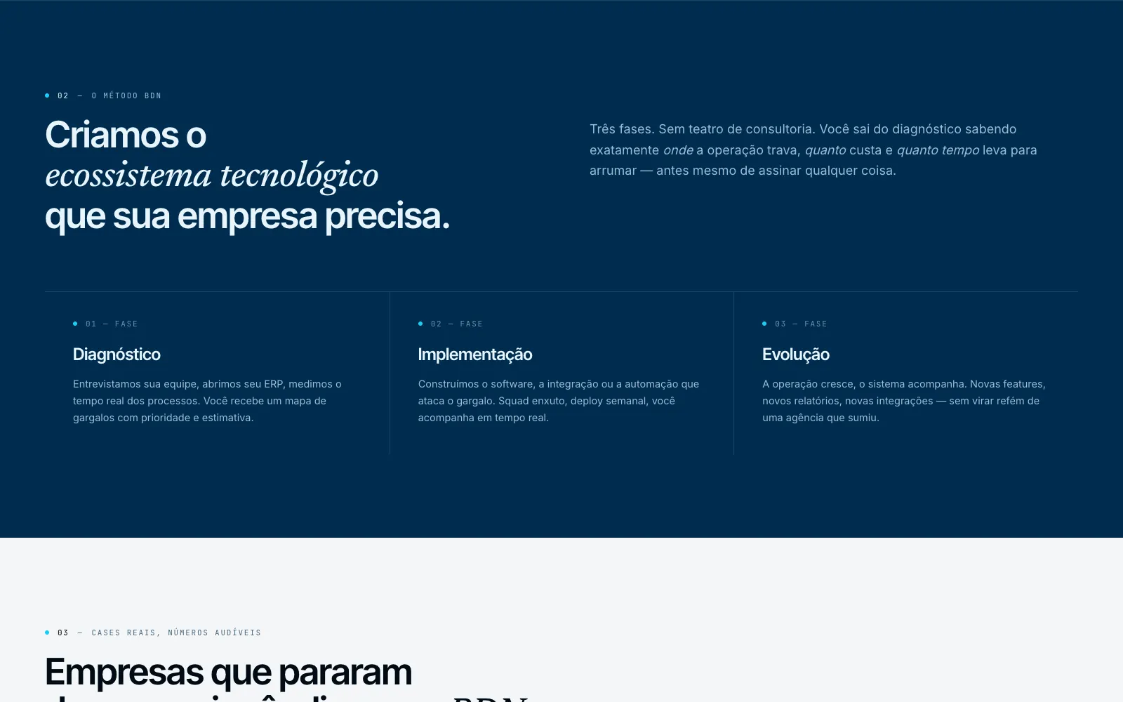 Seção do método BDN Tech com as fases de diagnóstico, implementação e evolução