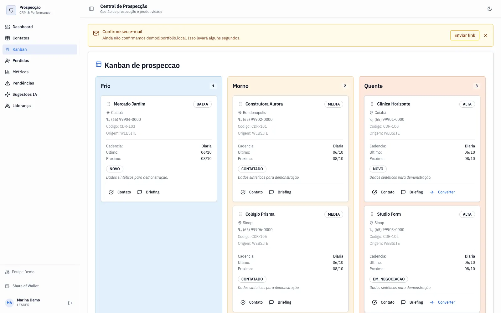Kanban do CDR Prospecção com leads sintéticos organizados por temperatura