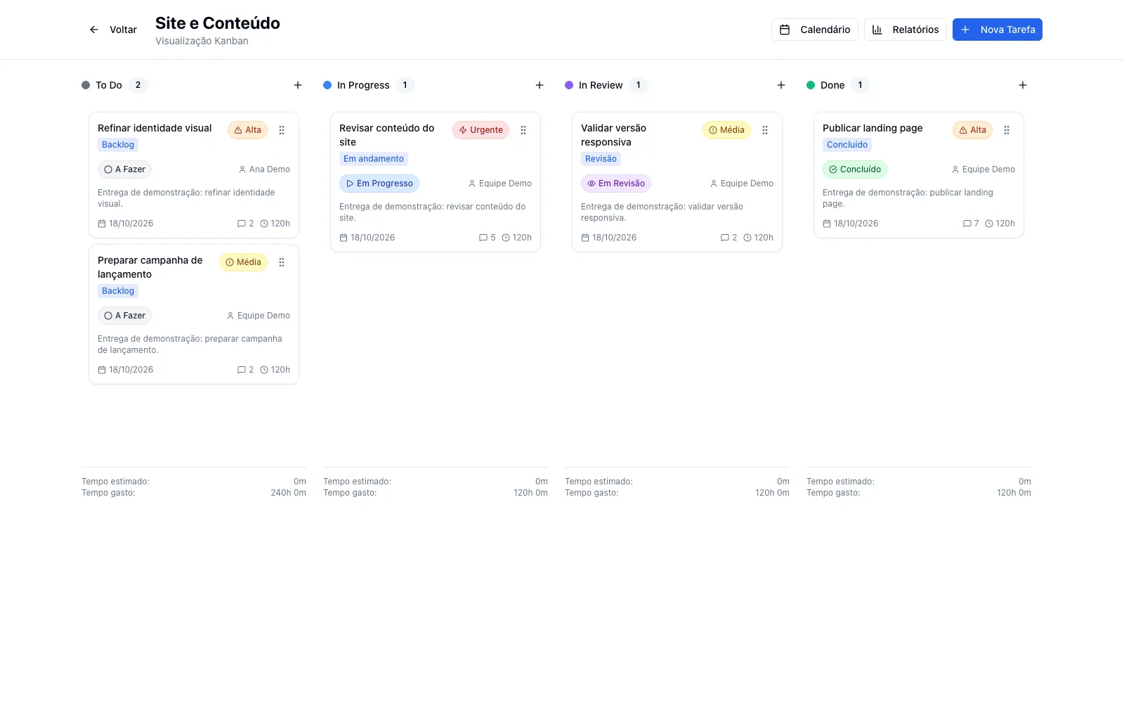 Kanban do MarApp com tarefas sintéticas distribuídas entre quatro etapas