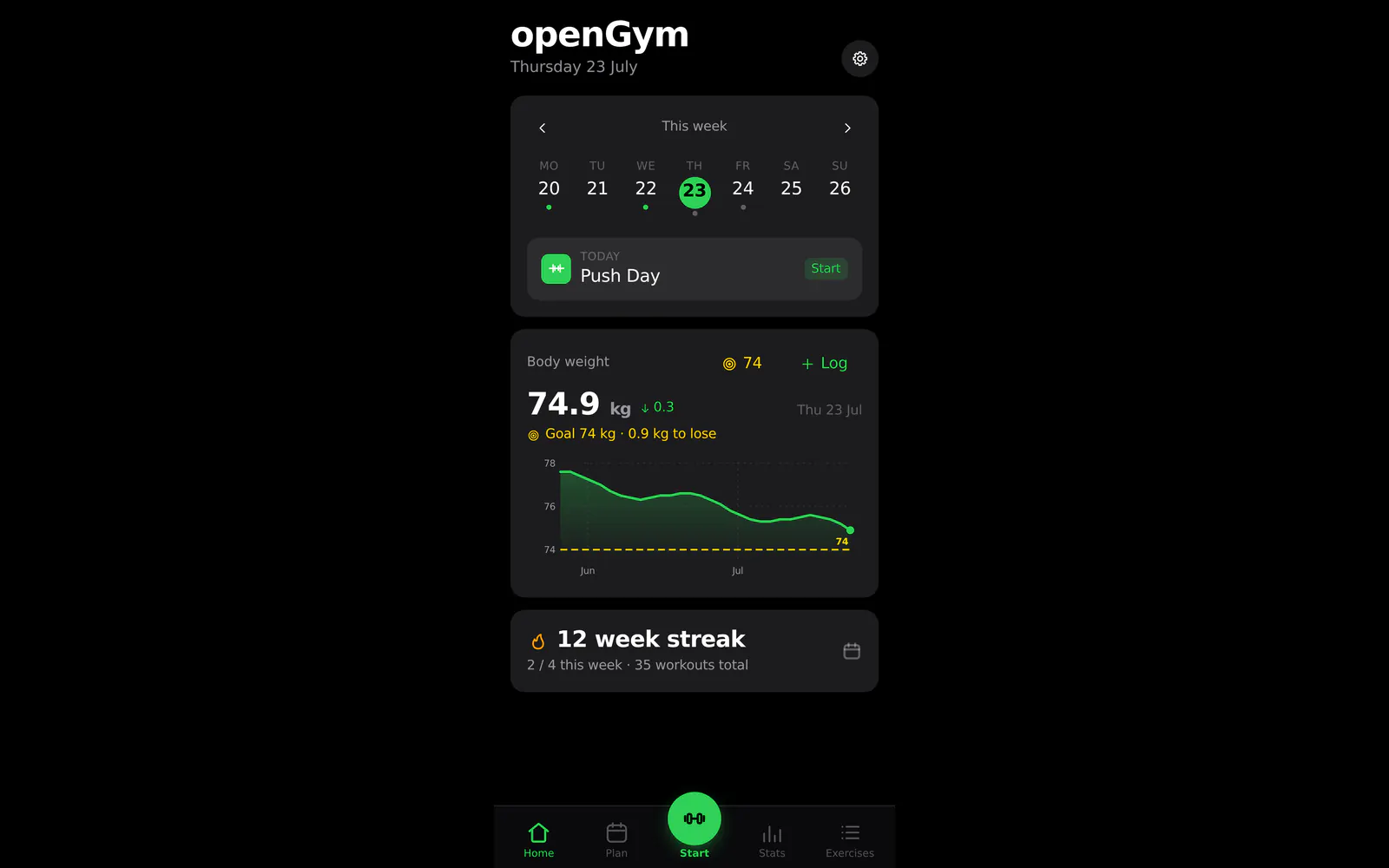 Tela inicial escura do OpenGYM com treino do dia e gráfico de peso